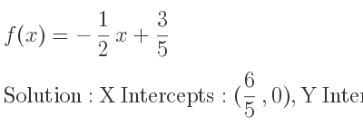 The f(x)=-1/2 x+3/5 is X Intercepts: (6/5 ,0),Y Intercepts: (0, 3/5)